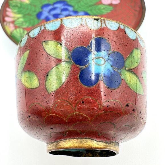 Antique Chinese Cloisonne Cup And Plate Red w Blue Dogwood Pink Lotus Pattern - Picture 5 of 13